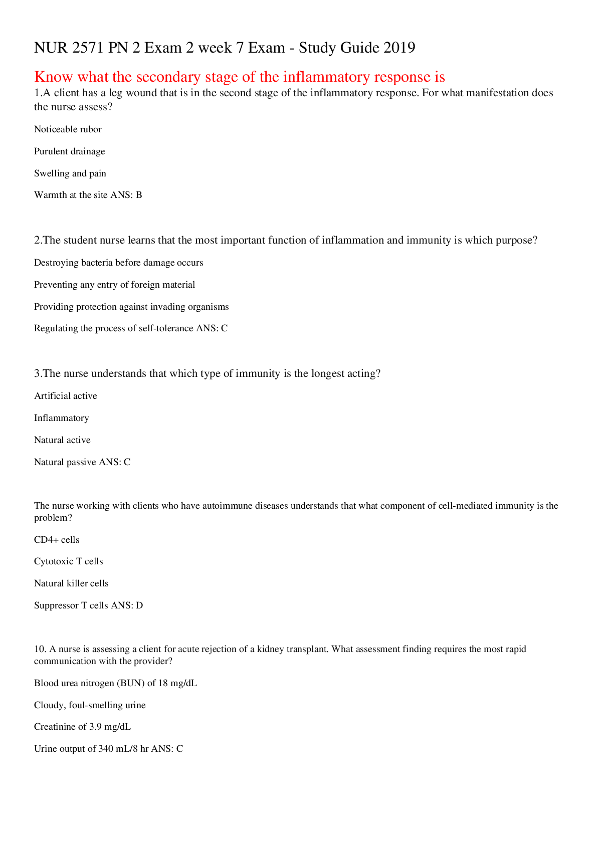 Preview of NUR 2571 PN 2 Exam 2 week 7 Exam - Study Guide 2019